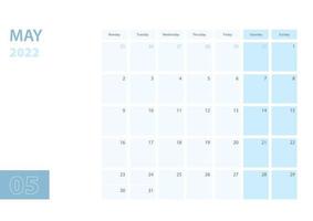 Calendar template for the May 2022, the week starts on Monday. The calendar is in a blue color scheme. vector