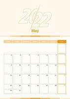 Modern vector vertical calendar sheet for May 2022, planner in English.