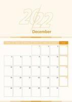 Modern vector vertical calendar sheet for December 2022, planner in English.