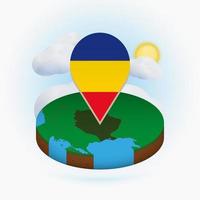 Isometric round map of Romania and point marker with flag of Romania. Cloud and sun on background. vector