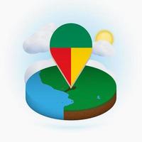 Isometric round map of Benin and point marker with flag of Benin. Cloud and sun on background. vector