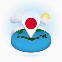 Isometric round map of Japan and point marker with flag of Japan. Cloud and sun on background. vector