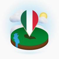 Isometric round map of Hungary and point marker with flag of Hungary. Cloud and sun on background. vector