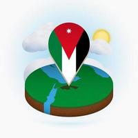 Isometric round map of Jordan and point marker with flag of Jordan. Cloud and sun on background. vector