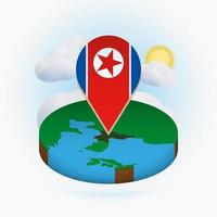 mapa redondo isométrico de corea del norte y marcador de puntos con bandera de corea del norte. nube y sol en el fondo. vector