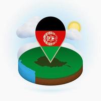 Isometric round map of Afghanistan and point marker with flag of Afghanistan. Cloud and sun on background. vector