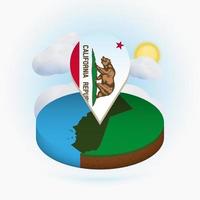 Isometric round map of US state California and point marker with flag of California. Cloud and sun on background.
