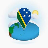 Isometric round map of Solomon Islands and point marker with flag of Solomon Islands. Cloud and sun on background. vector