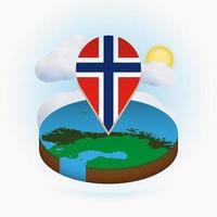 Isometric round map of Norway and point marker with flag of Norway. Cloud and sun on background. vector