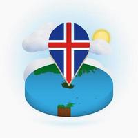 Isometric round map of Iceland and point marker with flag of Iceland. Cloud and sun on background. vector