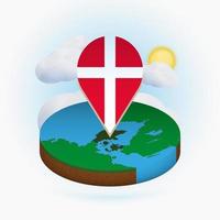 Isometric round map of Denmark and point marker with flag of Denmark. Cloud and sun on background. vector