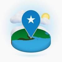 Isometric round map of Somalia and point marker with flag of Somalia. Cloud and sun on background. vector