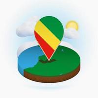 mapa redondo isométrico del congo y marcador de puntos con bandera del congo. nube y sol en el fondo. vector