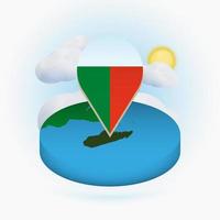 Isometric round map of Madagascar and point marker with flag of Madagascar. Cloud and sun on background. vector