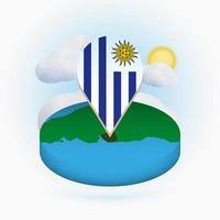 Isometric round map of Uruguay and point marker with flag of Uruguay. Cloud and sun on background. vector