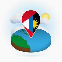 mapa redondo isométrico de antigua y barbuda y marcador de puntos con bandera de antigua y barbuda. nube y sol en el fondo. vector