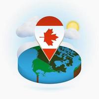 Isometric round map of Canada and point marker with flag of Canada. Cloud and sun on background. vector