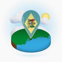 Isometric round map of US state Delaware and point marker with flag of Delaware. Cloud and sun on background. vector