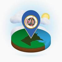 Isometric round map of US state Minnesota and point marker with flag of Minnesota. Cloud and sun on background. vector