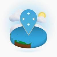 Isometric round map of Micronesia and point marker with flag of Micronesia. Cloud and sun on background. vector