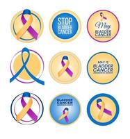 Bladder cancer awareness month. Set of nine themed vector emblems with text and blue, yellow, and purple ribbon. Vector illustration.