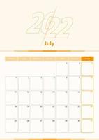 hoja de calendario vertical vectorial moderna para julio de 2022, planificador en inglés. vector