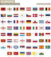 Postage stamp with Europe flags. Set of 62 European flag. vector