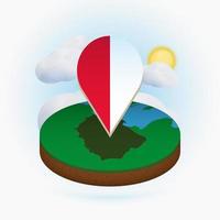 Isometric round map of Poland and point marker with flag of Poland. Cloud and sun on background. vector