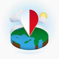Isometric round map of Monaco and point marker with flag of Monaco. Cloud and sun on background. vector