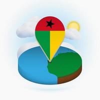 Isometric round map of Guinea-Bissau and point marker with flag of Guinea-Bissau. Cloud and sun on background. vector