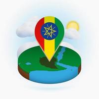 Isometric round map of Ethiopia and point marker with flag of Ethiopia. Cloud and sun on background. vector