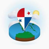 mapa redondo isométrico de panamá y marcador de puntos con bandera de panamá. nube y sol en el fondo. vector