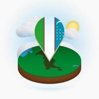 Isometric round map of Uzbekistan and point marker with flag of Uzbekistan. Cloud and sun on background. vector