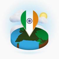 Isometric round map of India and point marker with flag of India. Cloud and sun on background. vector