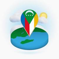 Isometric round map of Comoros and point marker with flag of Comoros. Cloud and sun on background. vector