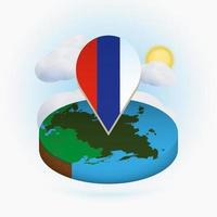 Isometric round map of Russia and point marker with flag of Russia. Cloud and sun on background. vector