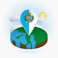 mapa redondo isométrico de san marino y marcador de puntos con bandera de san marino. nube y sol en el fondo. vector