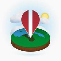 Isometric round map of Latvia and point marker with flag of Latvia. Cloud and sun on background. vector