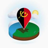 Isometric round map of Angola and point marker with flag of Angola. Cloud and sun on background. vector