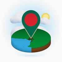 Isometric round map of Bangladesh and point marker with flag of Bangladesh. Cloud and sun on background. vector