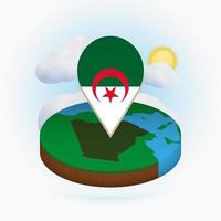 Isometric round map of Algeria and point marker with flag of Algeria. Cloud and sun on background. vector