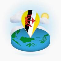Isometric round map of Brunei and point marker with flag of Brunei. Cloud and sun on background. vector