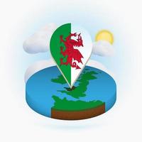 Isometric round map of Wales and point marker with flag of Wales. Cloud and sun on background. vector