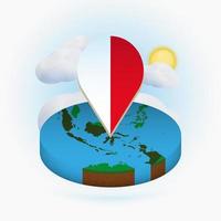 mapa redondo isométrico de indonesia y marcador de puntos con bandera de indonesia. nube y sol en el fondo. vector