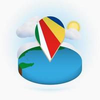 Isometric round map of Seychelles and point marker with flag of Seychelles. Cloud and sun on background. vector