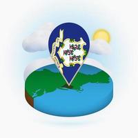 Isometric round map of US state Connecticut and point marker with flag of Connecticut. Cloud and sun on background. vector