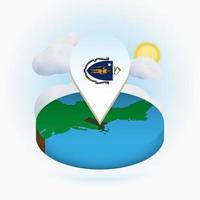 Isometric round map of US state Massachusetts and point marker with flag of Massachusetts. Cloud and sun on background. vector