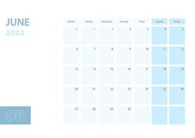 Calendar template for the June 2022, the week starts on Monday. The calendar is in a blue color scheme. vector