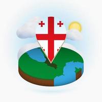 Isometric round map of Georgia and point marker with flag of Georgia. Cloud and sun on background. vector