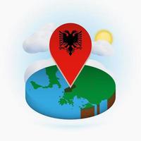 mapa redondo isométrico de albania y marcador de puntos con bandera de albania. nube y sol en el fondo.